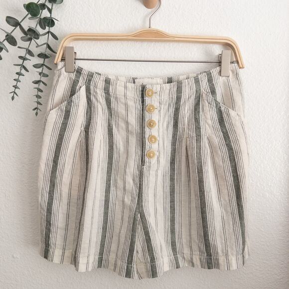 Anthropologie Cream and Green Stripe Button Fly Linen Cotton Shorts 2 - Picture 1 of 10
